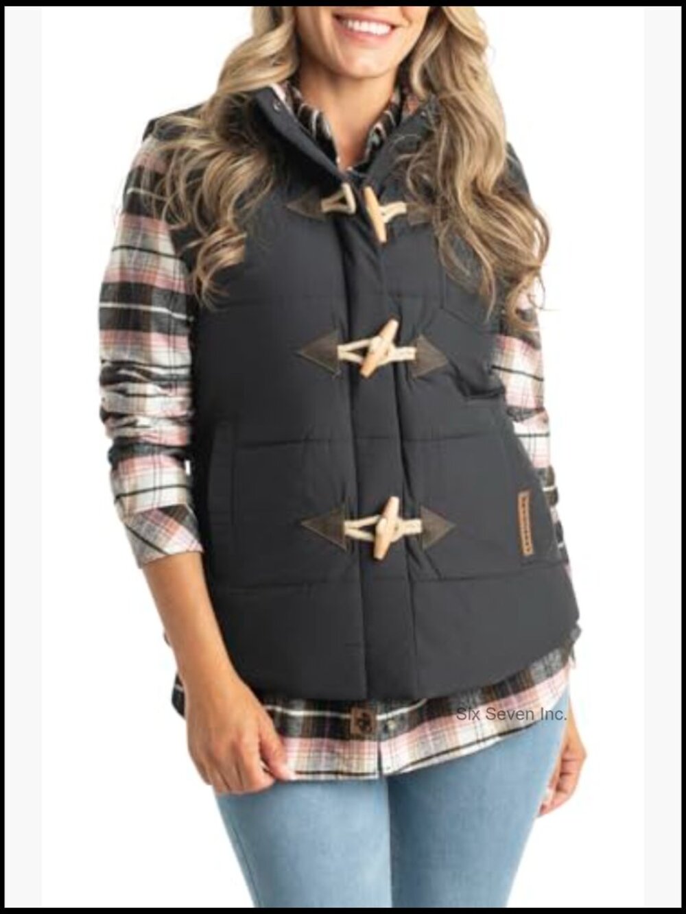 Women's Quilted Vest with Suede Front Opening and Snaps - Picture 2 of 7